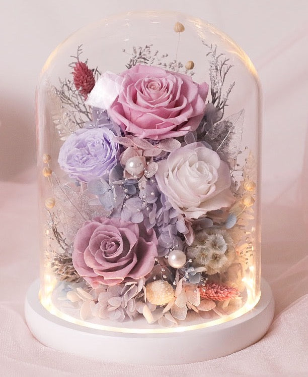 Everlasting Purple Roses in Glass Dome